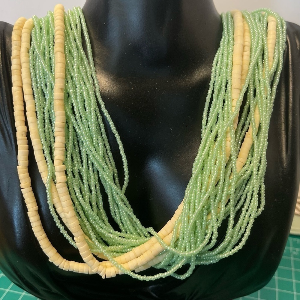 Seafoam green beaded bone many strand statement necklace